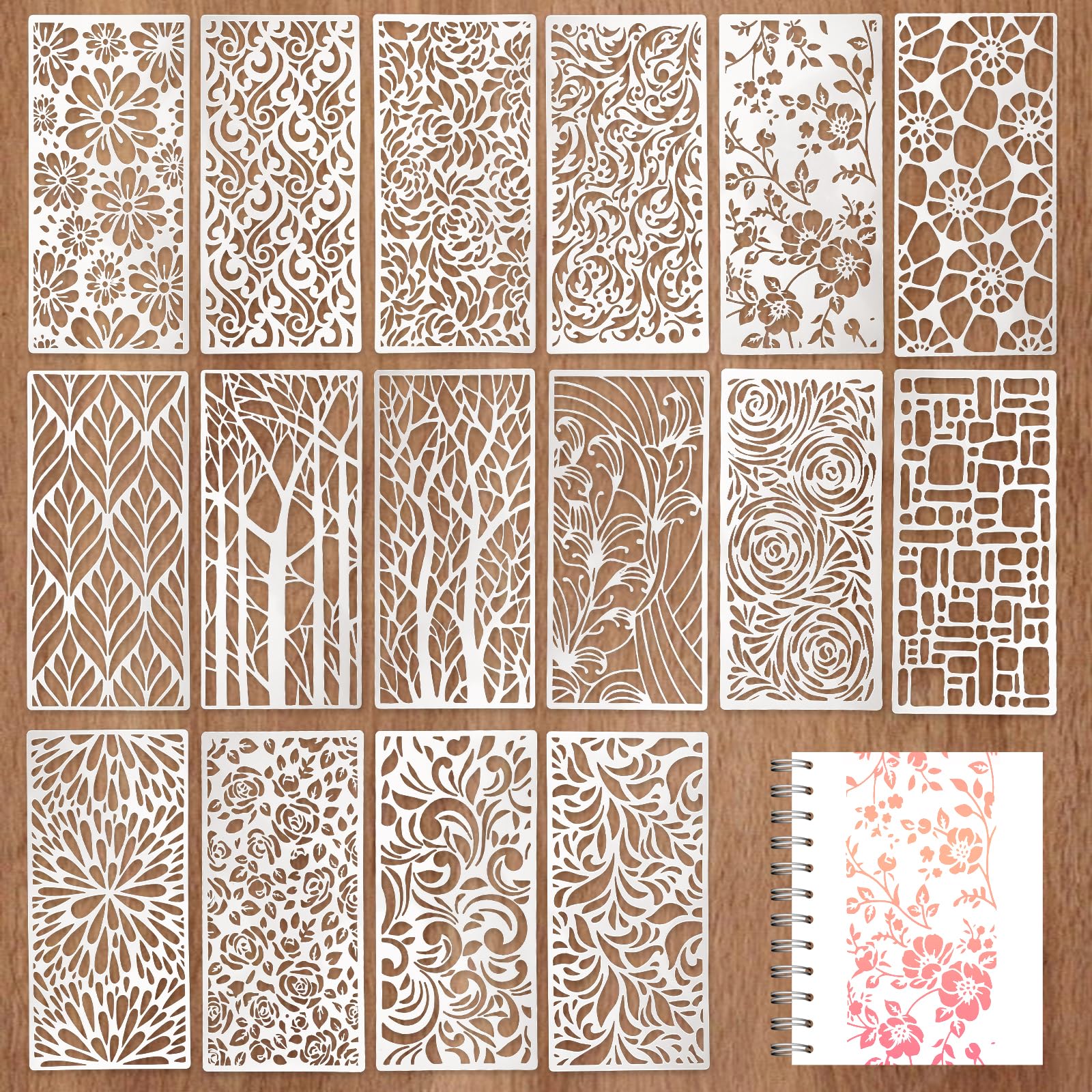 16 Pcs Stencils for Crafts Reusable Stencils for Painting Texture Background 8.7 x 4.1 Inches Leaf Floral Drawing Templates Border for DIY Card Wood Wall Scrapbook Furniture Paper