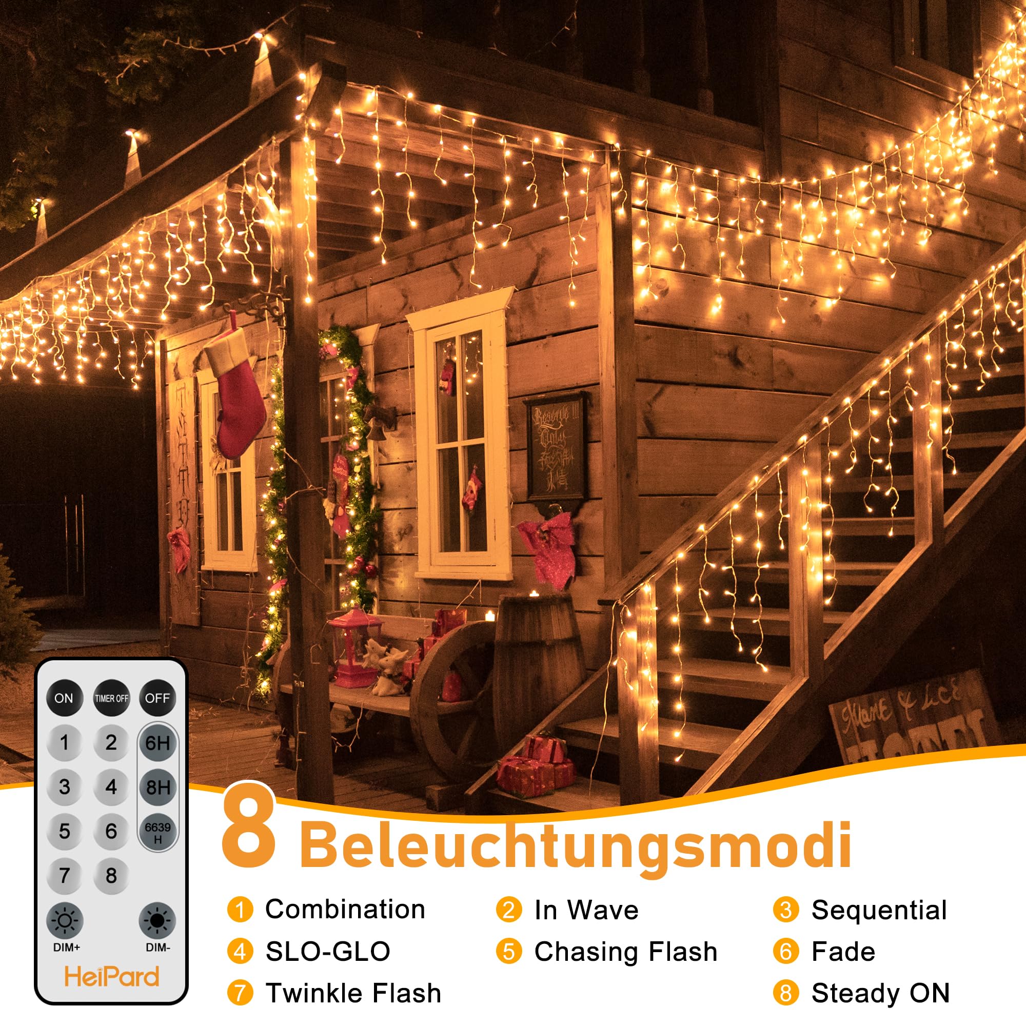 HeiPard Eisregen Lichterkette Außen 12m 486 LED Weihnachtsbeleuchtung Außen mit Stecker, 8 Leuchtmodi, Fernbedienung, Timer, Wasserdicht Lichtervorhang Aussen für Dachrinne, Geländer, Vorbau, Fenster 3