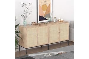 XIAO WEI 63" W Large Rattan Cabinet, Sideboard Buffet Cabinet with Natural Rattan Hand-Woven Doors, Accent Credenza, Boho Side Board for Living Room Hallway Kitchen, Metal Legs, 2 Pieces/Natural