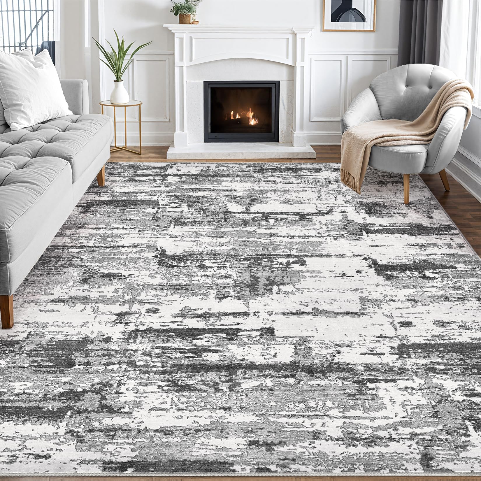 Photo 1 of (USED/FAIR) Area Rugs for Living Room: 10x14 Abstract Washable Rug Modern Neutral Large Soft Stain Resistant Non-Slip Backing Machine Table for Bedroom Dining Room Indoor Home Office Carpet - Black Grey