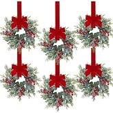 Sggvecsy 6 Pcs Christmas Mini Cabinet Wreaths Norfolk Pine Wreath with Ribbon Bows Red Berry Pinecones Artificial Small Kitchen Wreath for Window Front Door Farmhouse Wall Pillars Xmas Decorations