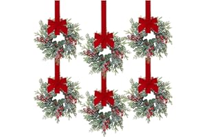 Sggvecsy 6 Pcs Christmas Mini Cabinet Wreaths Norfolk Pine Wreath with Ribbon Bows Red Berry Pinecones Artificial Small Kitchen Wreath for Window Front Door Farmhouse Wall Pillars Xmas Decorations