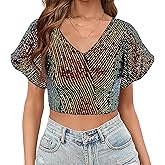 Testudineus Womens Sequin Ruffle Tops Short Sleeve Sparkly Crop Shirt Glitter Concert Disco Party Club Top Tee