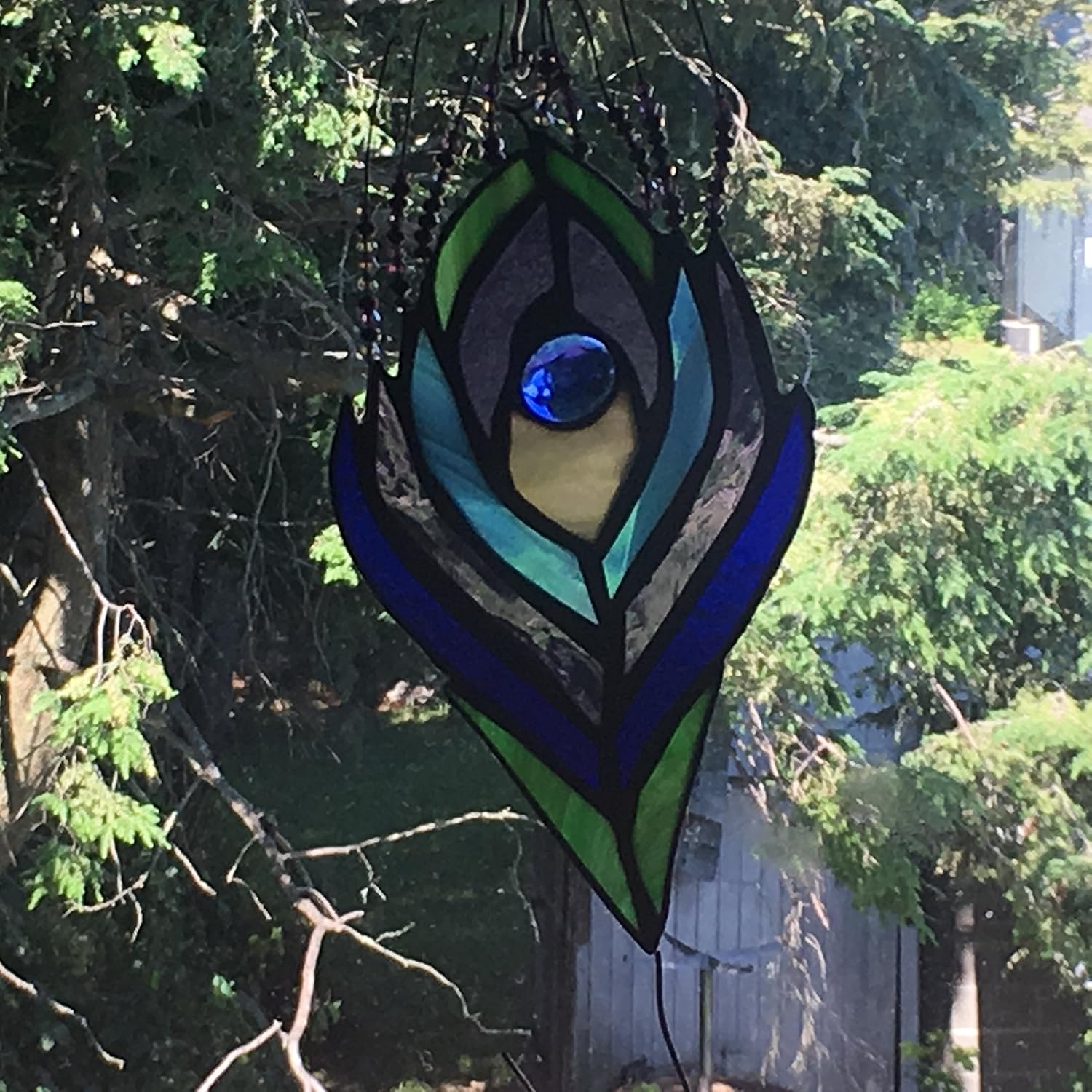 Stained Glass Peacock Feather with crystals Handmade