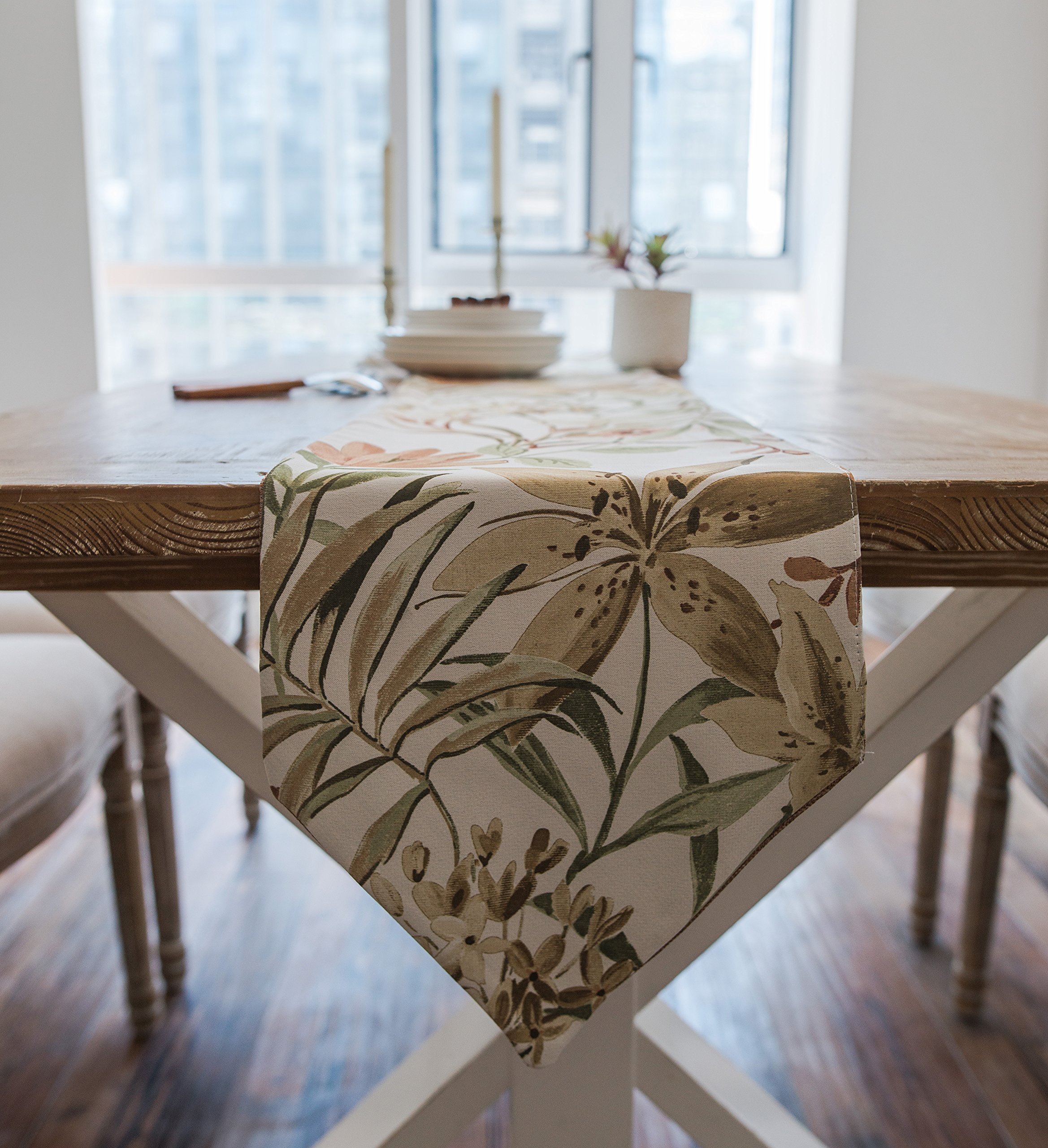 Foulola Folding Table Runner Rug,Burlap Linen,12X104inch, Double Sided Design (Pure Brown and Chinese Painting Style),For Dining, Party, Wedding, Coffee, Home Decoration