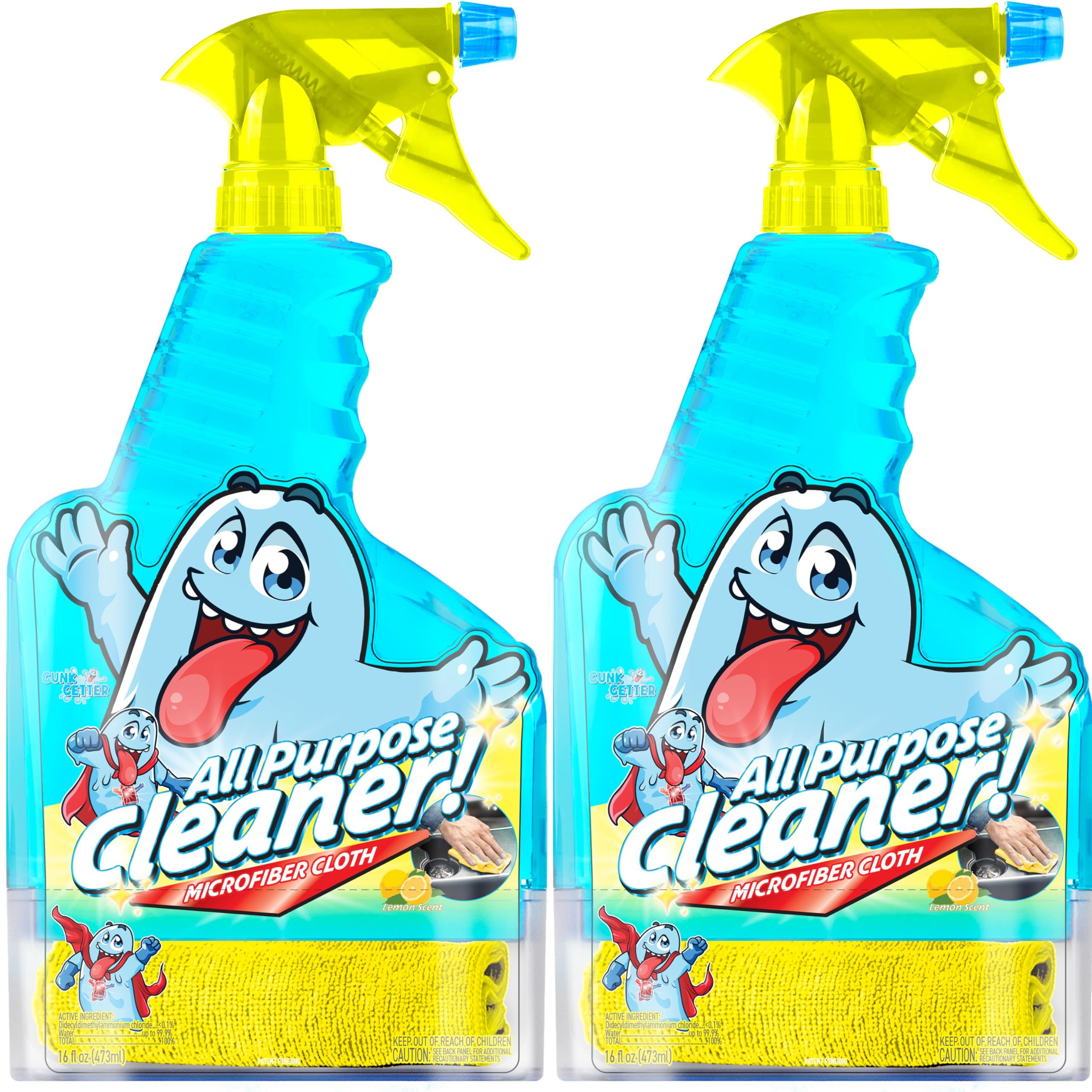 PeerBasics Gunk Getter - Spray Bottle with Microfiber Cap - All Purpose Cleaner 16oz - Lemon (2 Pack)