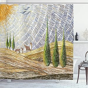 Ambesonne Italian Shower Curtain, Van Gogh Style Italian Valley Rural Fields with European Scenery Painting Print, Cloth Fabric Bathroom Decor Set with Hooks, 75