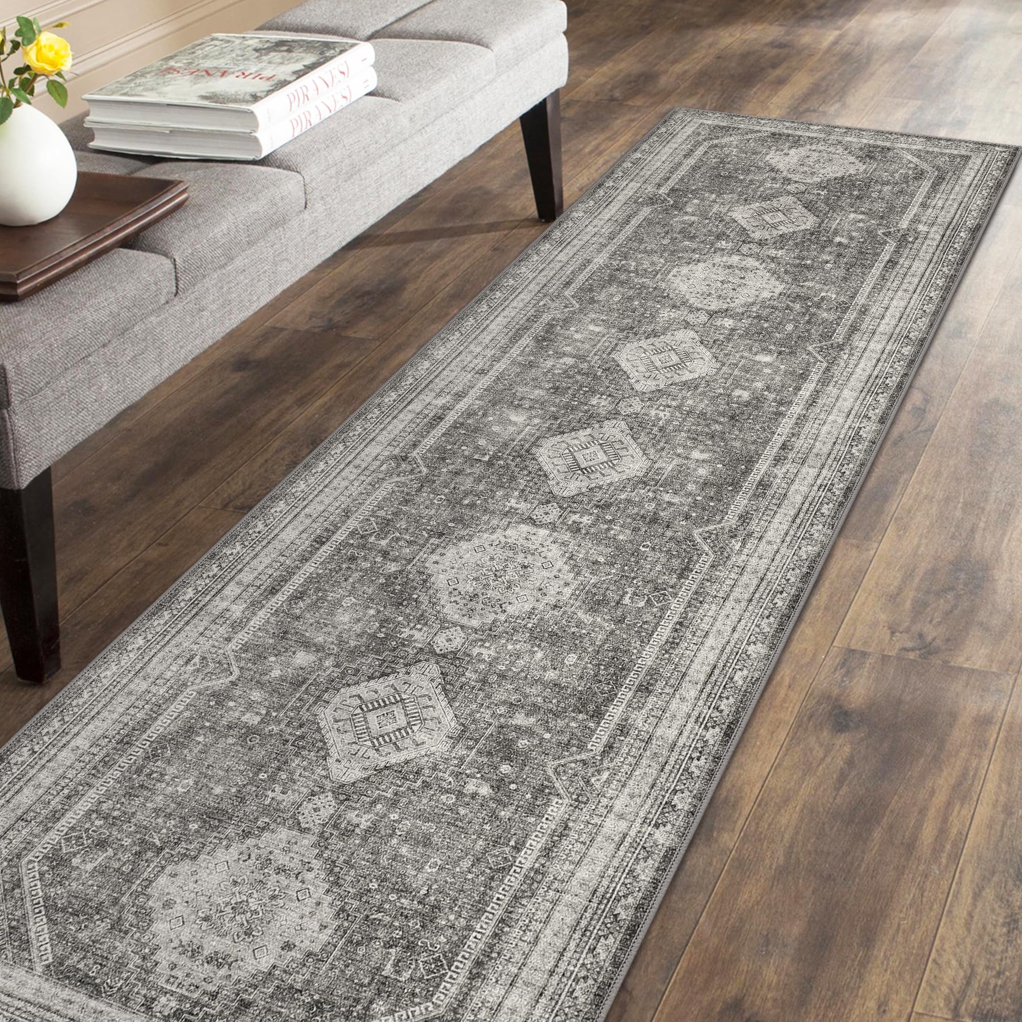 Photo 1 of GENIMO Area Rugs 2x12, Non Slip Hallway Runner Rug, Machine Washable Low Pile Retro Lightweight Mat for Living Room Entryway Bedroom Kitchen, Passage and Gallery,Gray