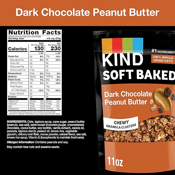 KIND SOFT BAKED GRANOLA, DARK CHOCOLATE PEANUT BUTTER, HEALTHY SNACKS, GLUTEN FREE, 100% WHOLE GRAINS, 5G PROTEIN, 11OZ, 1 COUNT