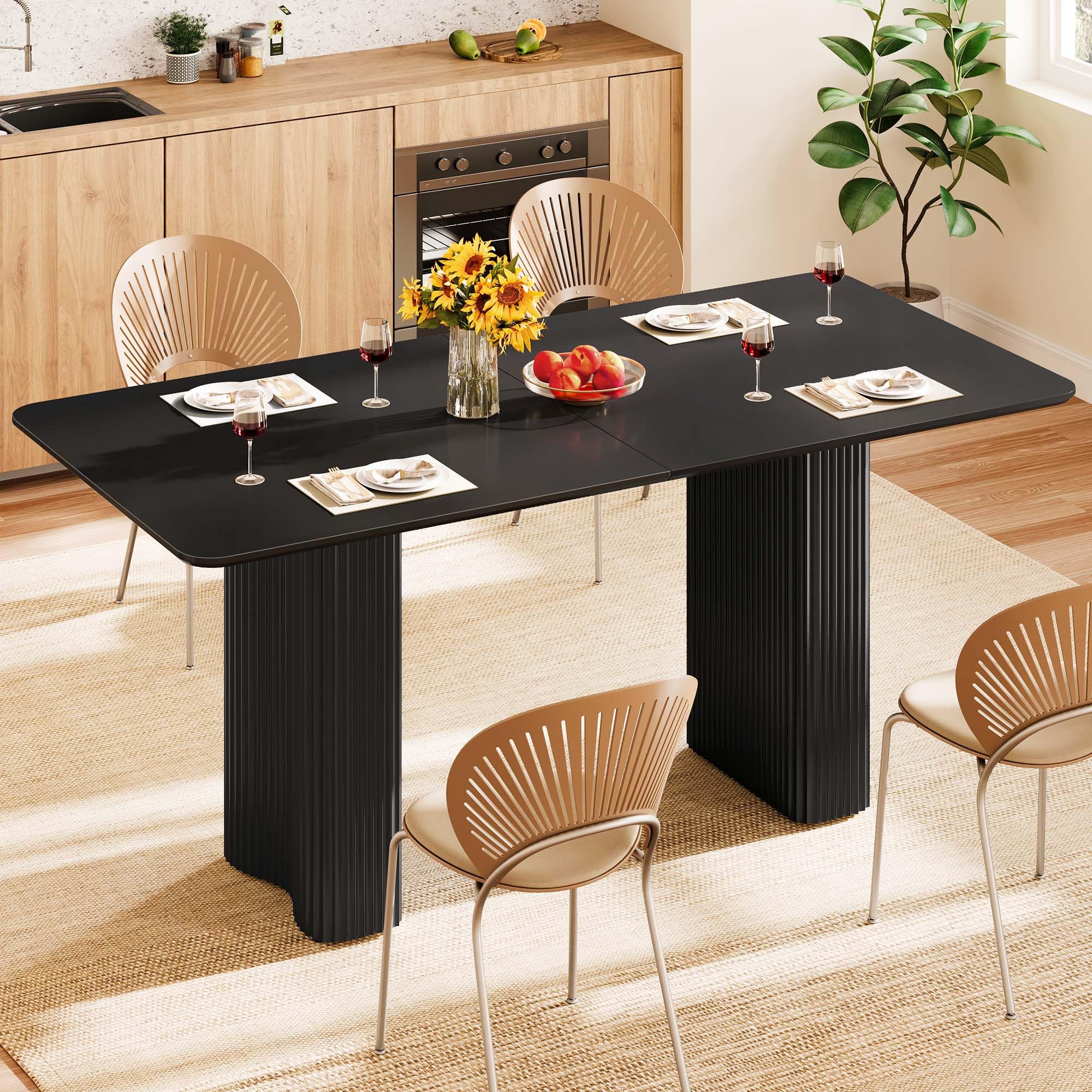 Photo 1 of DWVO 63'' Dining Table for 4-6 People Modern Rectangular Kitchen Table with Solid Wave Curved Legs Large Cream Black Dinner Table for Dining Room Kitchen Home Office Apartment Office Black