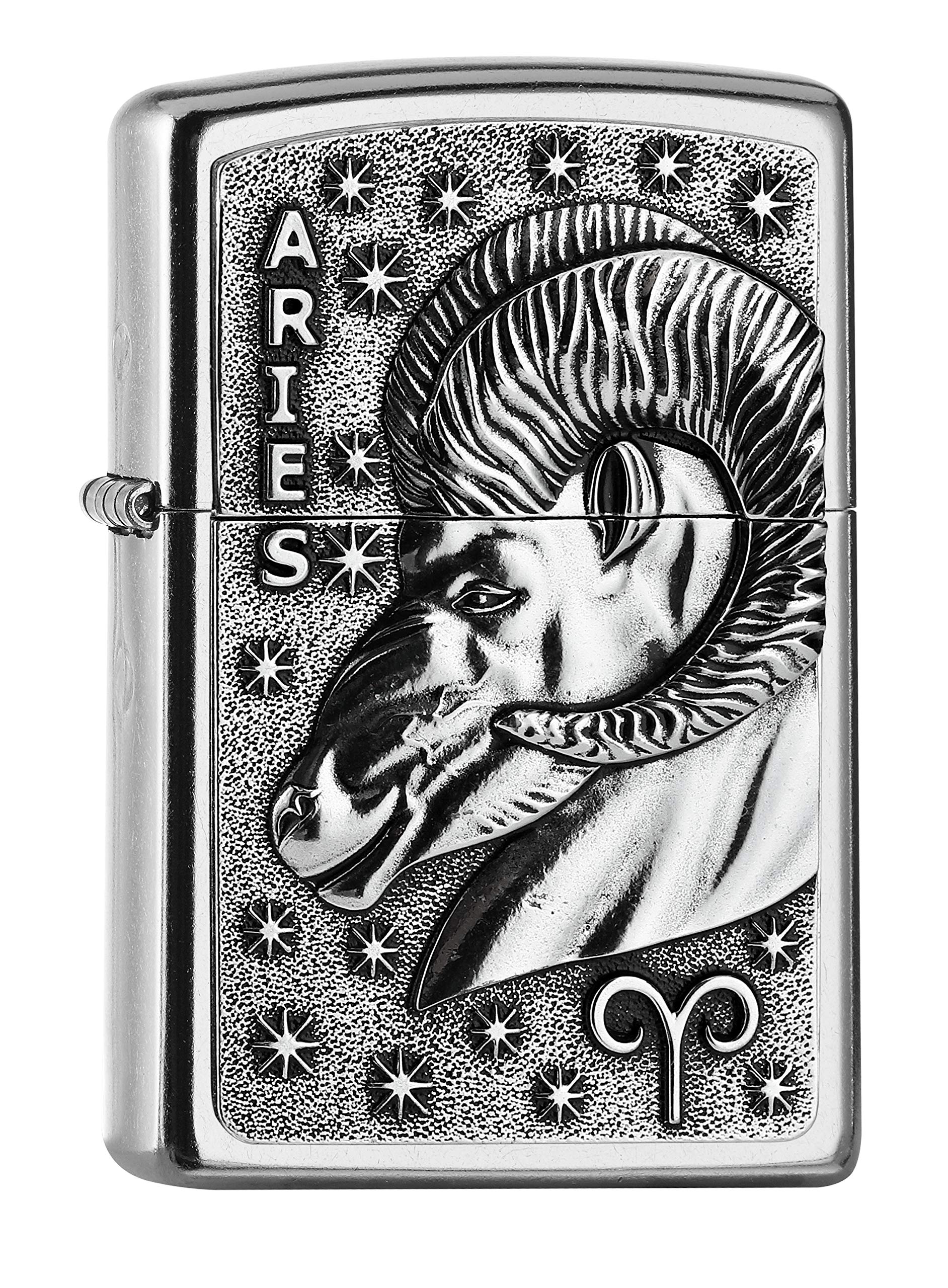 Zippo Windproof Lighter - Zodiac Aries, Street Chrome, Emblem - Refillable - Reusable - Windproof Design - Gift Box - Made in USA, 5,8 * 3,8 * 1,2
