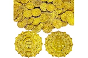 DRONSIDE Pirate Gold Coins Plastic Set of 100, Pirate Treasure Hunt Coins Toys Party Favors Fake Gold Coins Toys Pirate Party Supplies Pirate Adventure Themed Party Favors