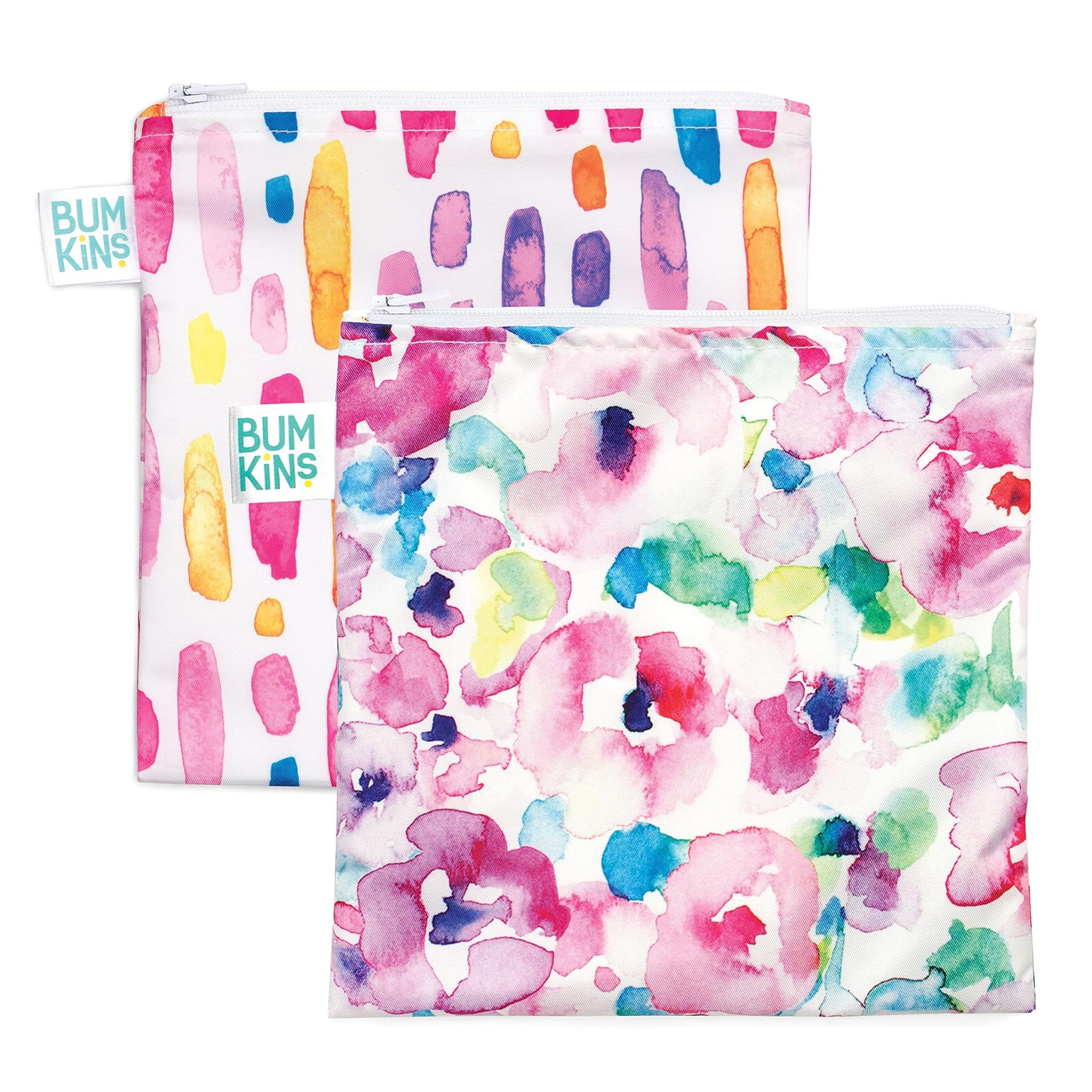 Photo 1 of Bumkins Reusable Sandwich and Snack Bags, for Kids School Lunch and for Adults Portion, Washable Fabric, Waterproof Cloth Zip Bag, Travel Pouch, Food-Safe, Large 2-pk Watercolors and Brushstrokes