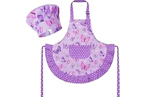 R HORSE Kid Apron and Chef Hat Set - 2Pcs Purple Butterfly Toddler Kitchen Apron for Girls, Adjustable Role Play Costume Pretend Play Toy for Cooking Baking Painting Birthday Gift for Kids Ages 3-6