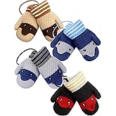 SATINIOR 4 Pairs Toddler Mittens Kids Fleece Lined Gloves with String Warm Winter Snow Ski Knit Mittens for Baby Boys Girls