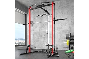 XVD Smith Machine Power Cage Squat Rack with LAT-Pull Down System, 1000LBS Capacity, Landmine, Barbell Bar, Plate Storage Pegs and More Training Attachment for Garage Workout & Home Gym