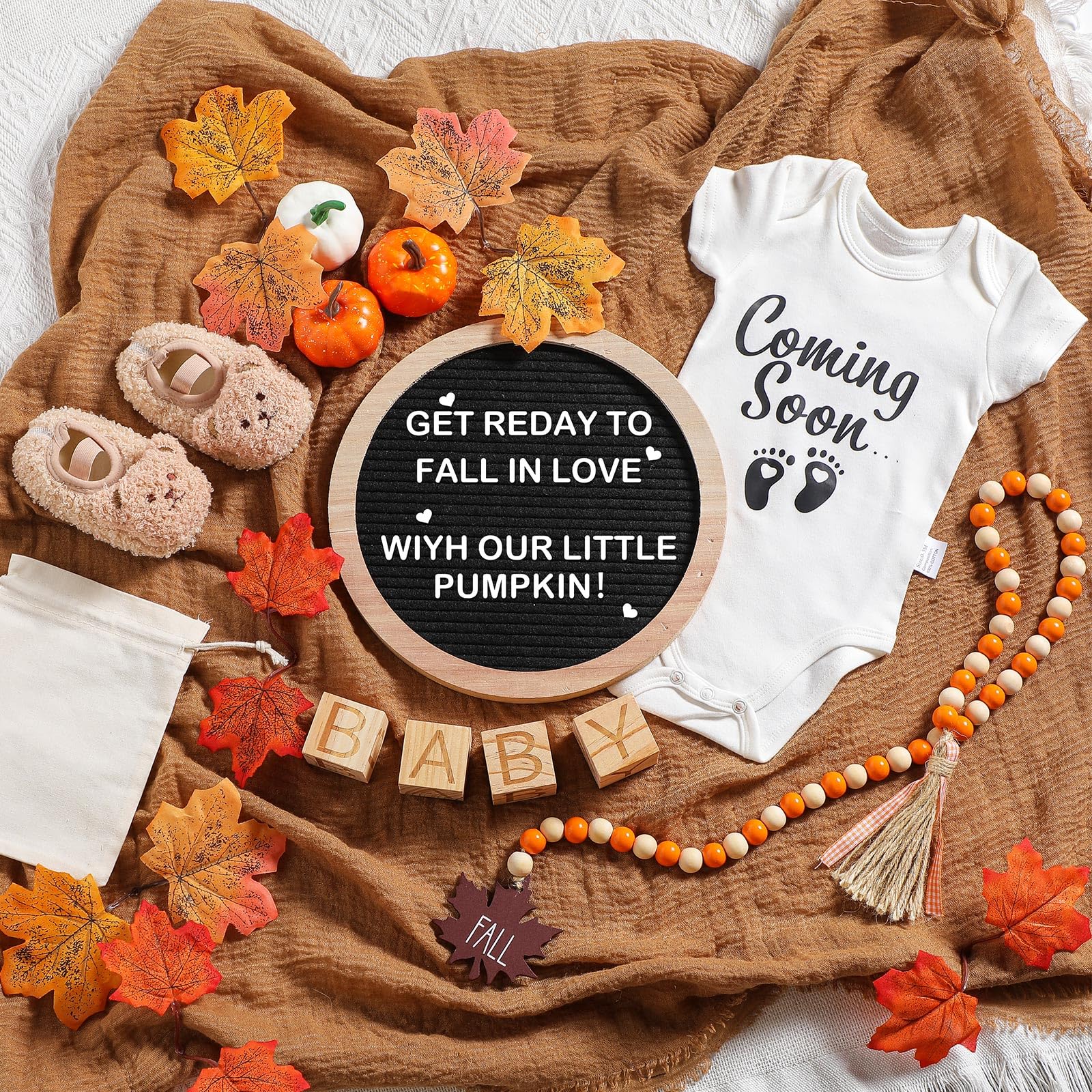 Photo 1 of Canlierr 17 Pcs Fall Pregnancy Announcement Set Pumpkin Baby Announcement Idea Pregnancy Reveal, Newborn Bodysuit Bootie Wood Block Prop Bead Pumpkin Maple Leaves Letter Board Kit for Party