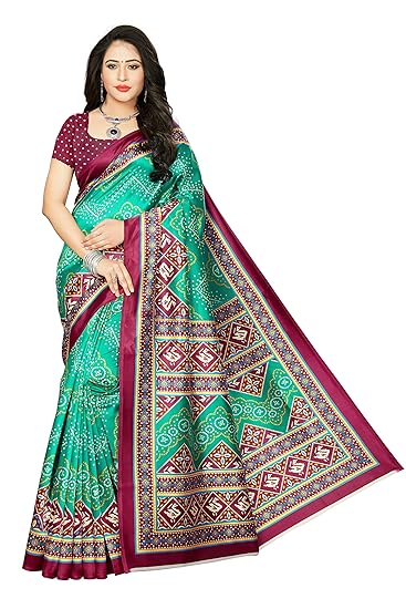 Womens Bandhani Art Silk Saree (Chunar-Green)