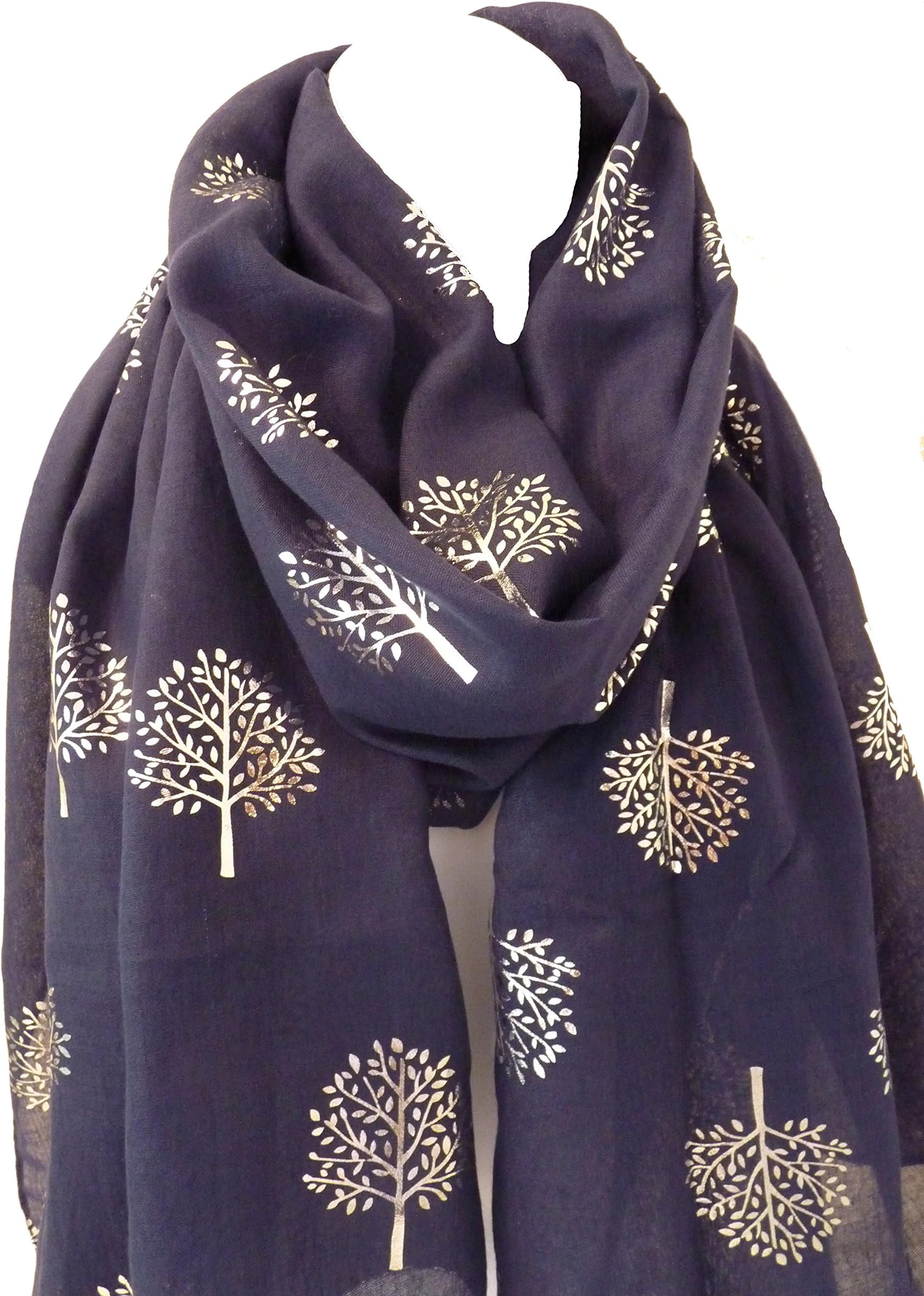 Ladies Women Rose Gold Mulberry Tree of Life Metallic NAVY BLUE Scarf Pashmina