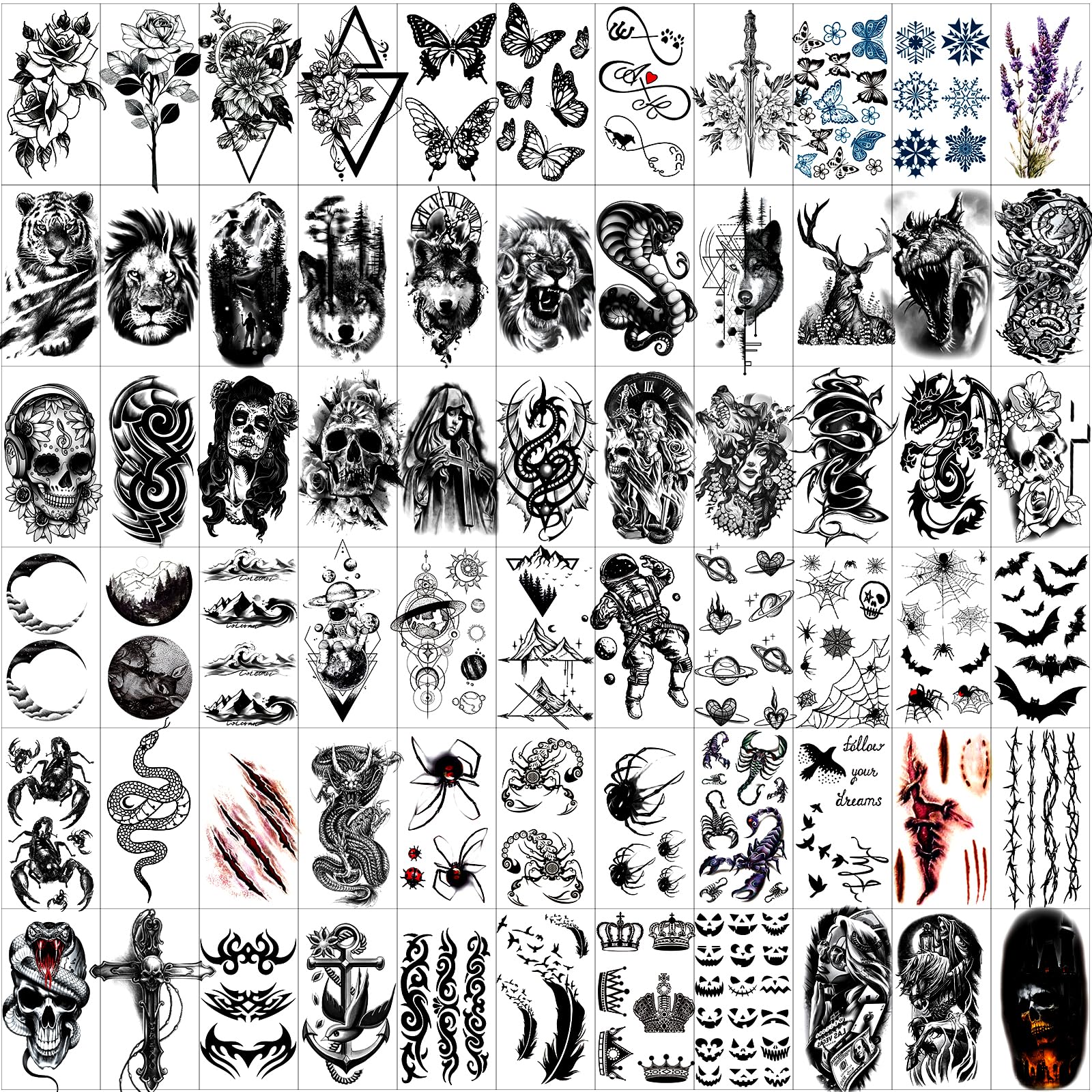 JEEFONNA 82 Sheets Temporary Tattoo for Men Women Adults, Include 12 Sheets Black 3D Half Sleeve Temporary Tattoos, Halloween Tattoos Scary Lion Wolf Tiger Skull Skeleton Tattoos Stickers