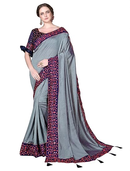COTTON SHOPY Womens Solid Poly Art Silk Embroidery Lace Border Saree with Blouse Piece (4092, Grey)