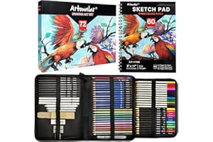 Artownlar 72 Pack Drawing Sketching Set with 8x11 Sketchbook | Pro Art Supplies Kit for Artist Adults Teens Beginner | Graphite Charcoal, Watercolor & Metallic Colored Pencils in Gift Case.