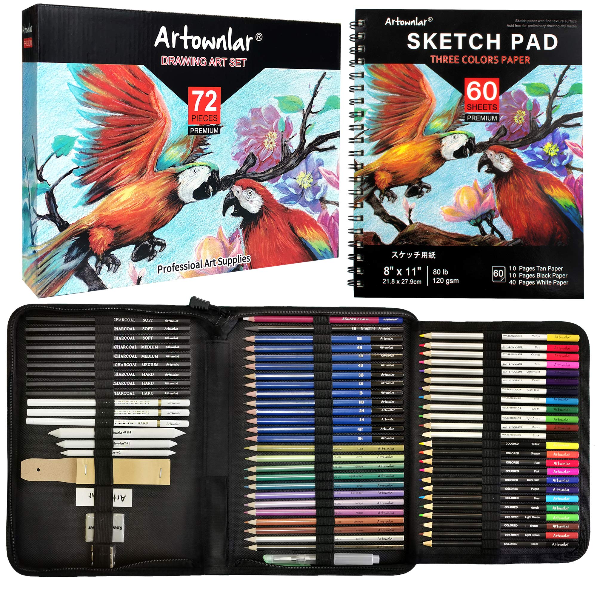 Photo 1 of Artownlar 72 Pack Drawing Sketching Set with 8x11 Sketchbook | Pro Art Supplies Kit for Artist Adults Teens Beginner | Graphite Charcoal, Watercolor & Metallic Colored Pencils in Gift Case.