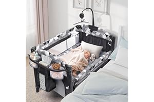 Xilingol 5-in-1 Pack and Play with Changing Table, Baby Bassinet Bedside Sleeper with Storage Bag & Music Box, Portable Baby Crib with Carry Bag, Foldable Playard with Bassinet for Newborn to Toddlers