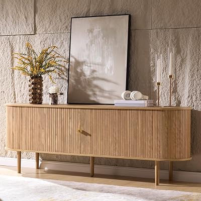 AMERLIFE 70" Mid-Century Modern TV Stand, TV Console Table for TVs up to 80 Inch, Fluted Wood Media Console with Storage, Solid Wood Legs, Natural Oak