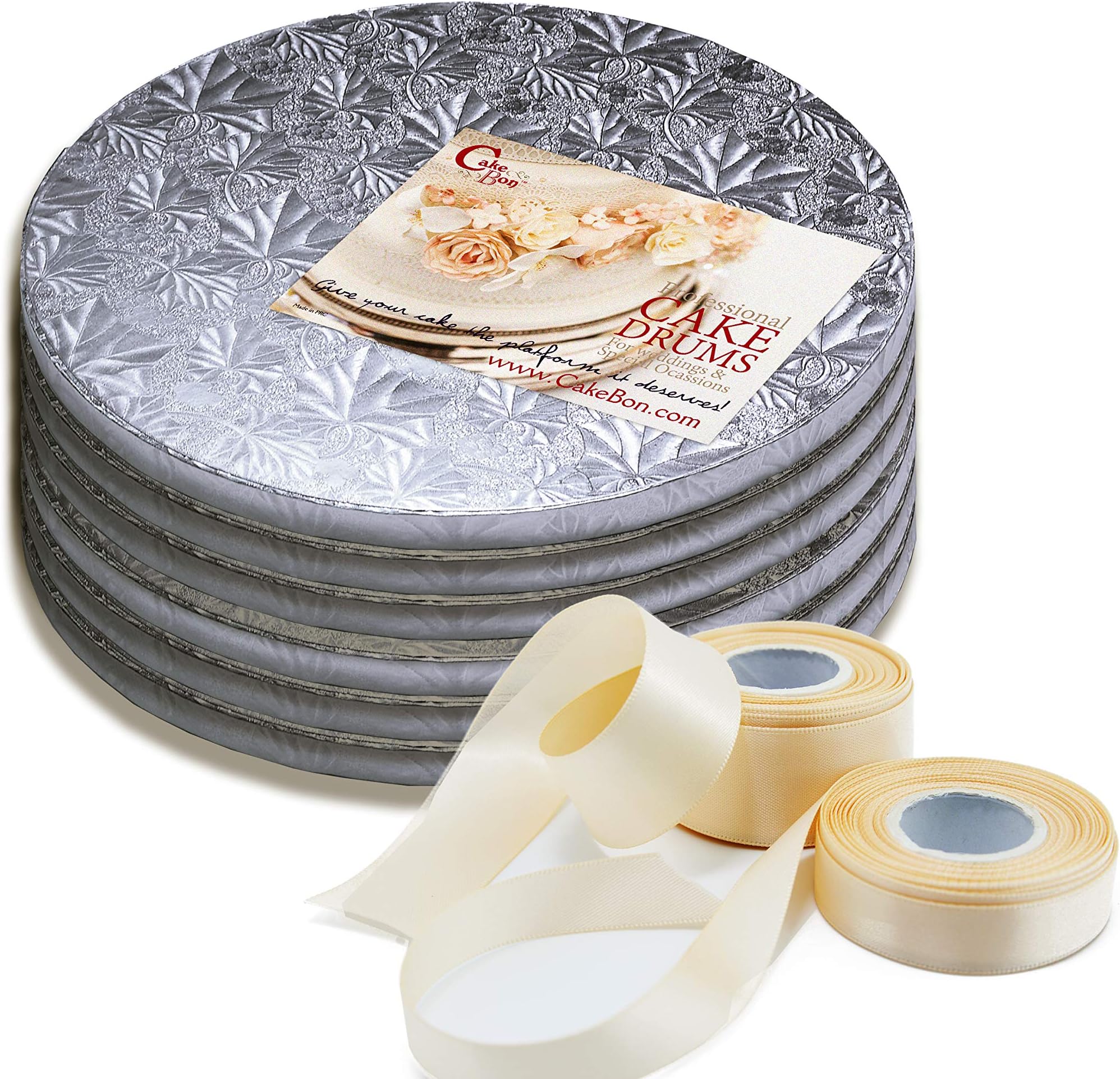 Cakebon Silver Cake Boards 10 Inch Round - 1/2 inch thick Cake Boards (aka Cake Drums), Sturdy Cake Base, Ideal for 8 Inch Cake, Smooth Edge Cake Drums Round Greaseproof (Pack of 6 Cake Boards Round)