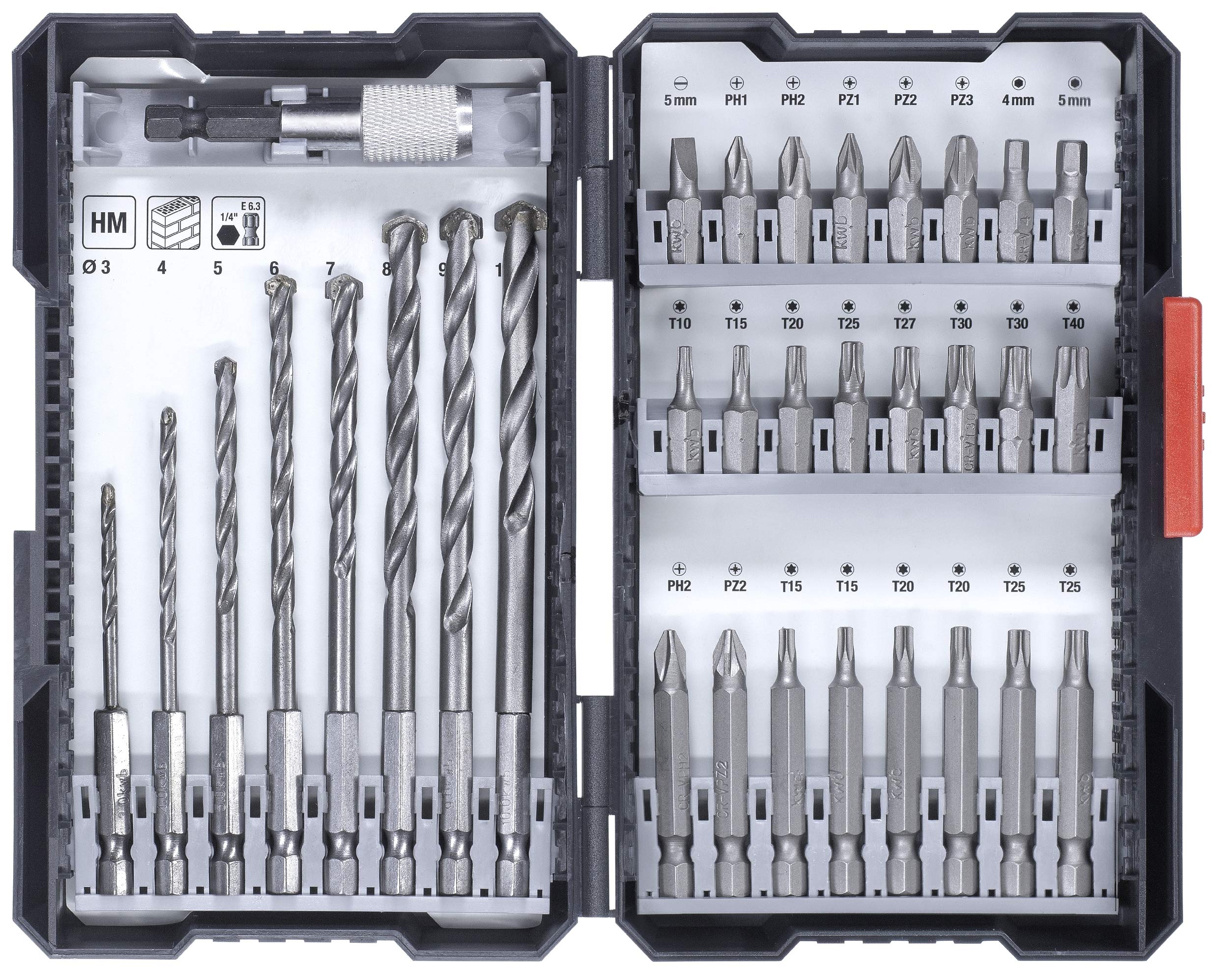 kwb 33-piece Hex Shank Box with 8 HM Stone Drill Bits and PH, PZ, and TX Bits Set with Bit Holder