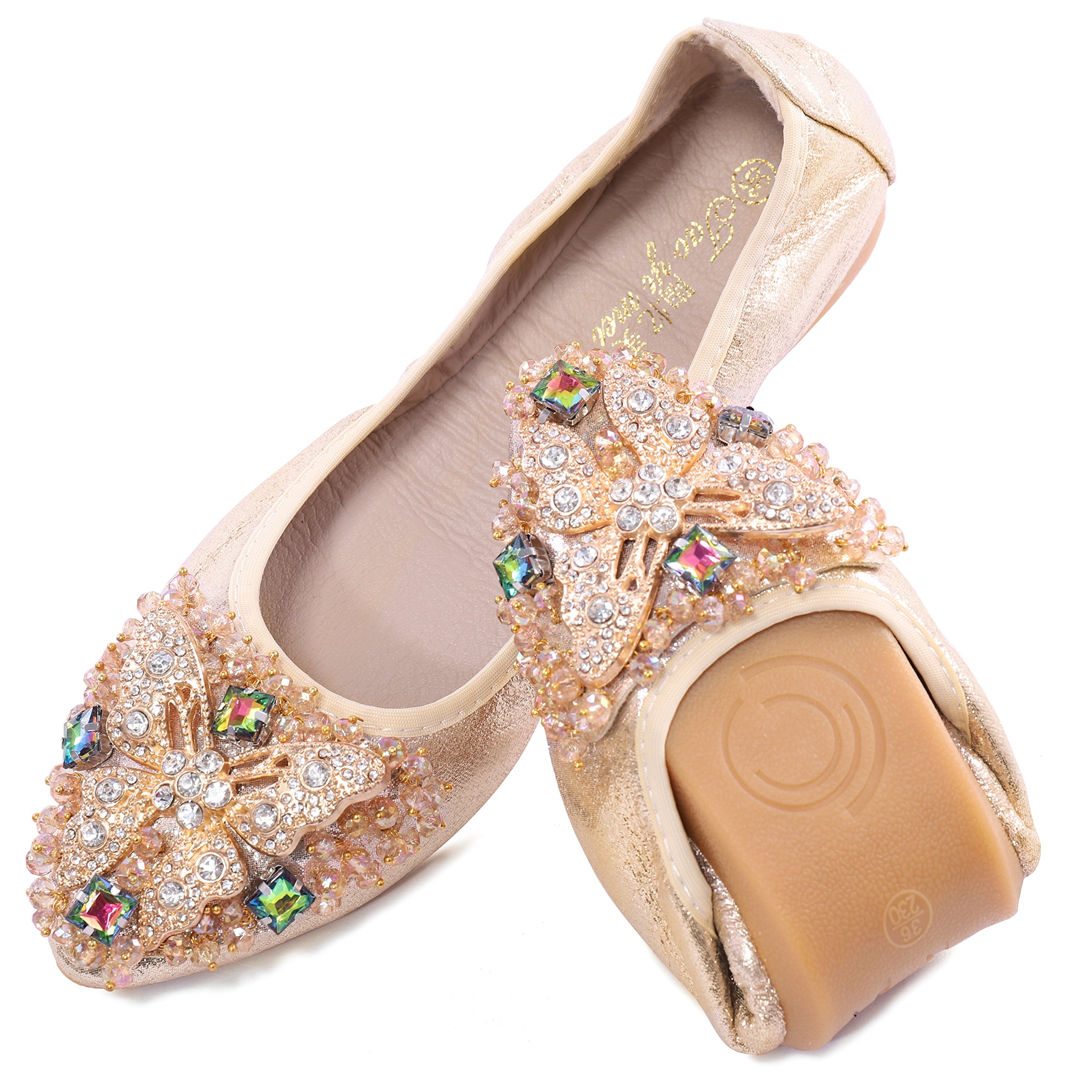 VYKF Womens Ballet Flats Foldable Rhinestone Pointed Toe Comfortable Slip on Wedding Flat Shoes Dress Flats for Women - Image 4