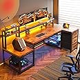 EnHomee 71" L Shaped Gaming Desk with LED Lights, Computer Desk with Drawers and Printer Shelf, Power Outlet, Reversible Home Office Desks with Storage and Monitor Stand, Rustic Brown