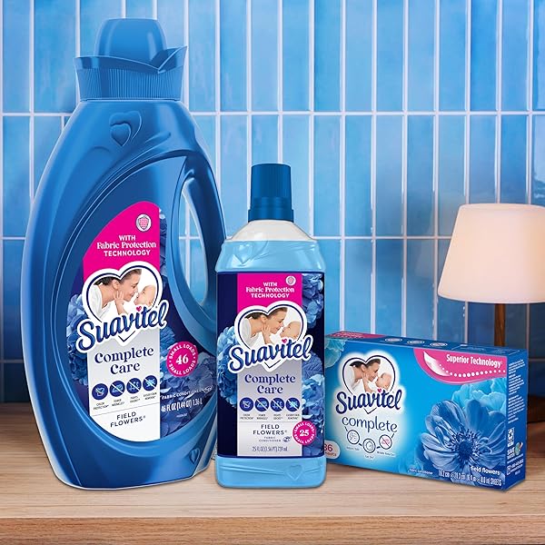 SUAVITEL COMPLETE LIQUID FABRIC SOFTENER, FABRIC CONDITIONER, HE COMPATIBLE, 100 SMALL LOADS, FIELD FLOWERS SCENT, 100 FL OZ BOTTLE