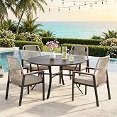 SUNSHINE VALLEY 5pc Patio Dining Set, 42" Round Table &amp; 4 Rattan Chairs | Outdoor metal table with umbrella hole, wicker cushioned chairs. Waterproof, rust-resistant, all-weather for backyard.