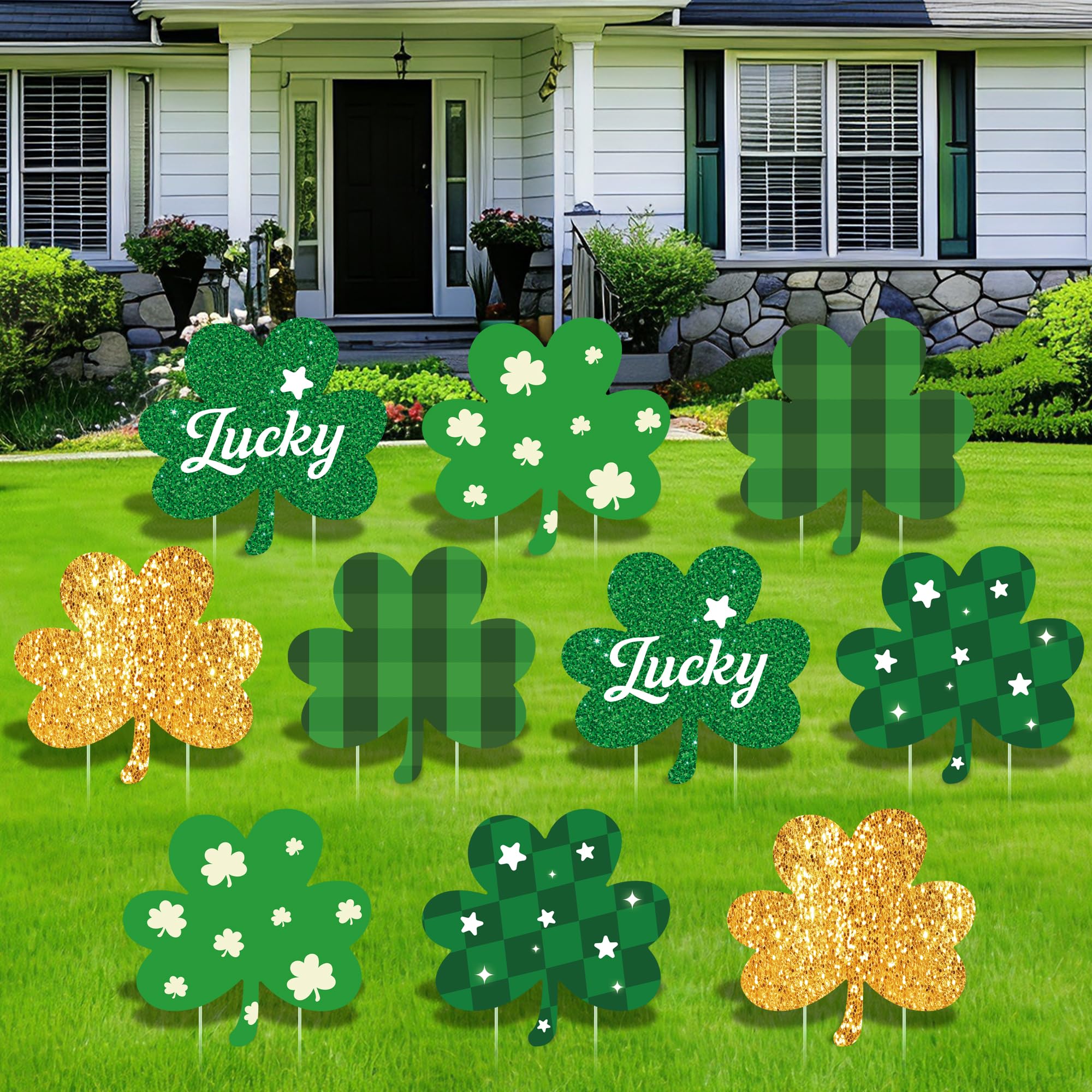 Photo 1 of 10 Pcs St Patrick's Day Decorations Outdoor, St Patricks Day Decorations Yard Signs with Stakes, Large Green and Gold Clover Signs for Irish-Themed Party Favor, Shamrock Decor for Yard Lawn Garden