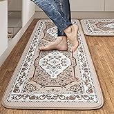 Kitchen Floor Mat Set of 2, Cushioned Anti Fatigue Kitchen Mat 17"x59"+17"x29", Non-Slip Waterproof Vintage Kitchen Rug, Premium PVC Comfort Kitchen Mats and Rugs for Kitchen, Office, Laundry（Tan）