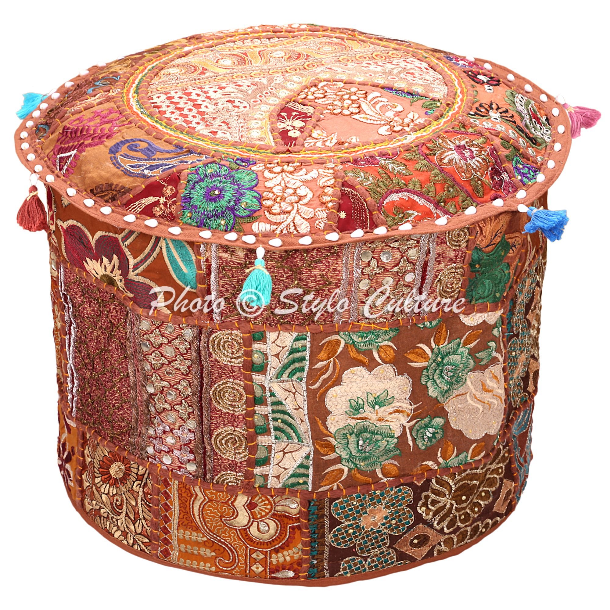 Stylo Culture Indian Ottoman Pouffe Footstool Cover Brown Indian Embroidered Patchwork Cotton Traditional Round Fabric Pouf Ottoman Cover (16x16x13 Inch) 40cm (COVER ONLY)