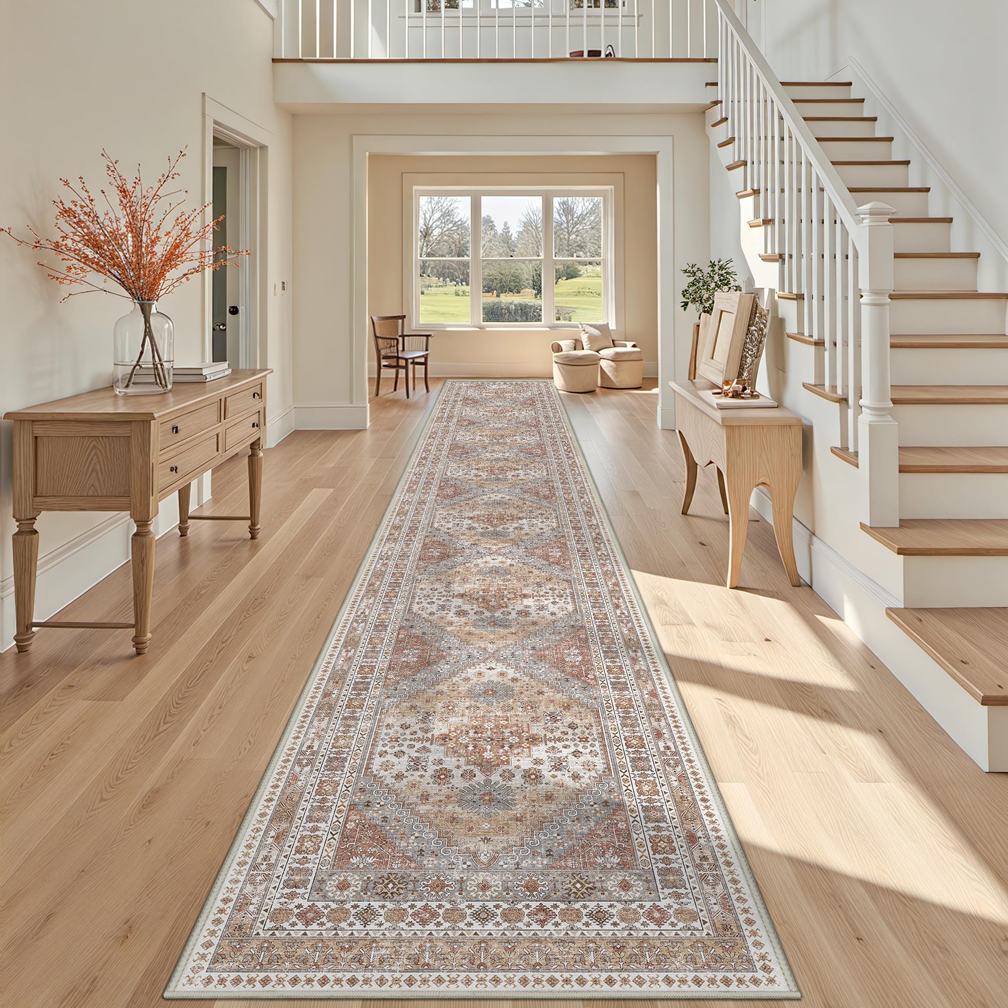 Photo 1 of Restydon 3x20 Long Runner Rug for Hallway, Non-Slip Long Kitchen Mats for Floor, Vintage Washable Rug for Entryway, Soft Hallway Runner for Dining Room, Bedroom, Living Room(Orange,3'x20')
