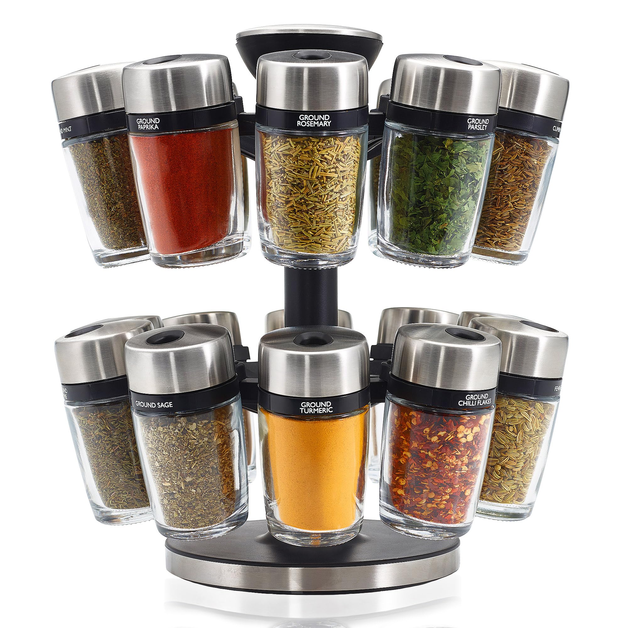 Cole & Mason Cambridge 20 Glass Rotating Spice Rack, Spice and Herb Organiser/Storage, Glass Spice Jars with Labels, Herbs and Spices Included