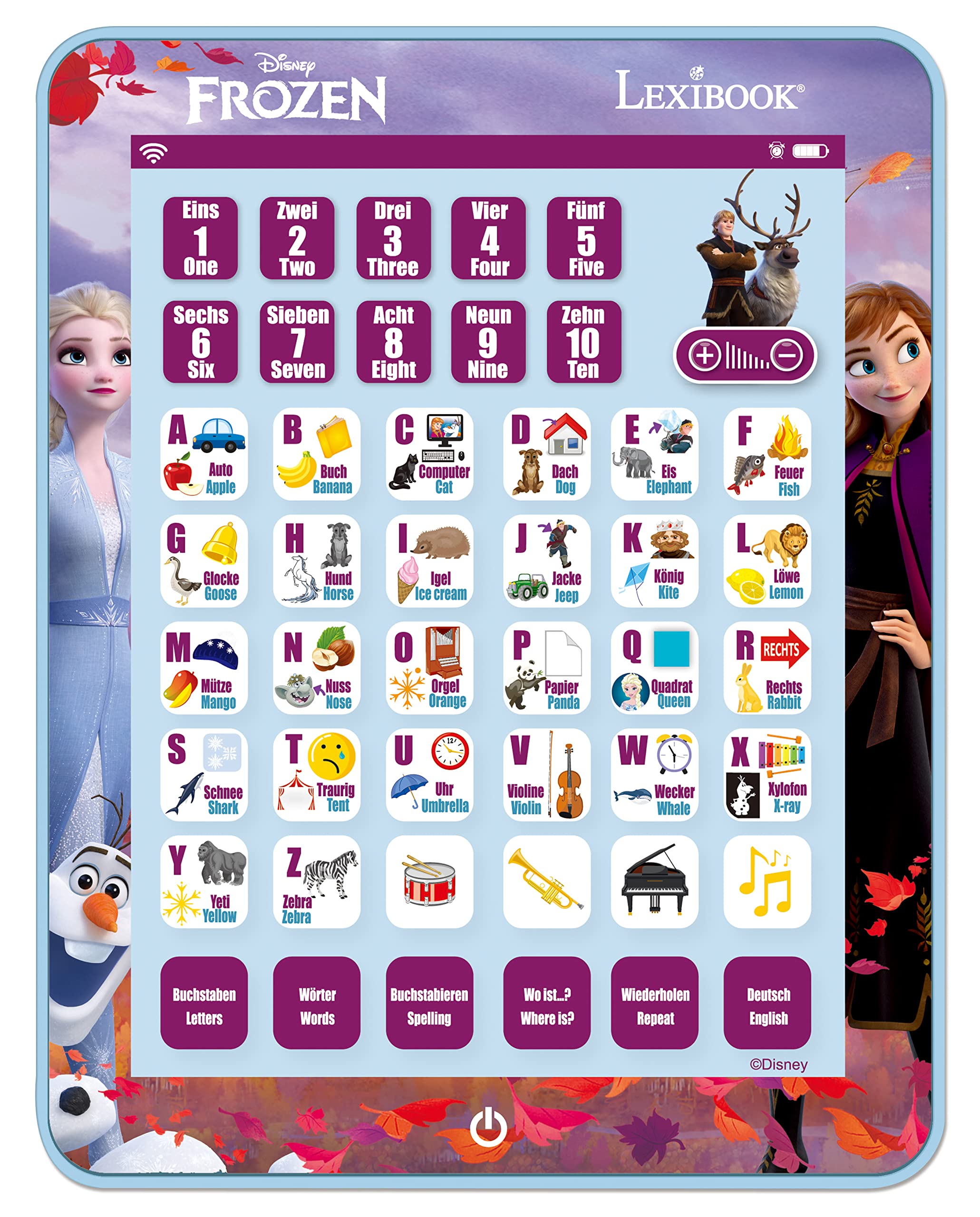 LEXIBOOK, Frozen, Educational Bilingual Learning Tablet, Learn letters numbers words spelling and music, English/German, Purple, JCPAD002FZi3