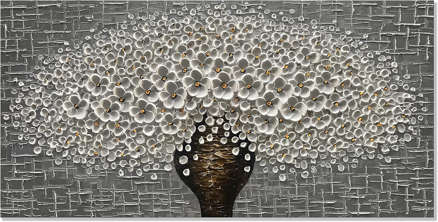 Paintings - zoinart Abstract 3D Flower Wall Art 23x46 Inches Oil Paintings on Canvas 100% Hand Painted White Flower Paintings Home Decorations Grey Framed Artwork Wall Decor for Living Room Bedroom