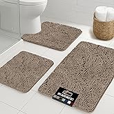 GORILLA GRIP Bathroom Rug Sets 3 Piece, Bath Mat Set and Oval Toilet Base with Rubber Backing, Plush Absorbent Shaggy Chenille Washable Mats, Includes 24x19.5, 24x17 and 30x20 Inch Rugs, Gray Beige