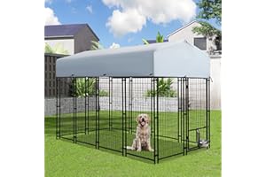 Dephet 8x4x6 FT Outside Large Dog Kennel with roof - Outdoor Heavy Duty Welded Wire Steel Dog Playpen with Rotating Bowls, Dog Run Enclosure Crate Cage with Lockable Doors for Chicken, Rabbit