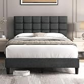 Yaheetech Full Size Upholstered Tufted Bed Frame with Headboard | Sturdy Engineered Wood Frame with Linen Fabric, Dark Gray Features a Soft Tufted Headboard for Easy Assembly and Support