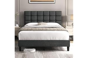 Yaheetech Upholstered Bed Frame, Modern Full Bed Platform with Square Stitched&Button Tufting Headboard Height Adjustable, Wooden Slats Support, No Box Spring Needed, Full Size, Dark Gray