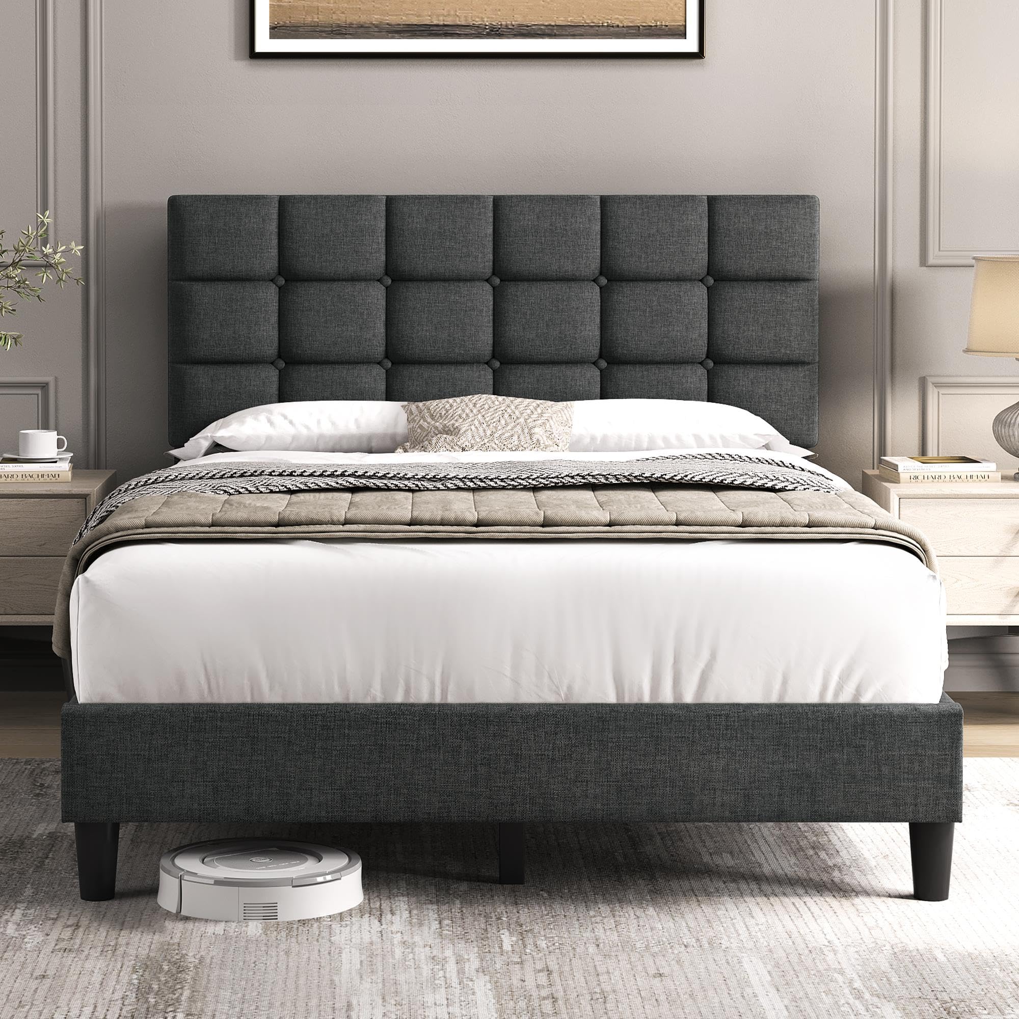Photo 1 of Yaheetech Upholstered Bed Frame, Modern Full Bed Platform with Square Stitched&Button Tufting Headboard Height Adjustable, Wooden Slats Support, No Box Spring Needed, Full Size, Dark Gray