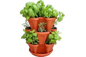 MR. STACKY 3 Tiered Stackable Indoor Outdoor Vertical Herb Planter - Learn How to Grow Organic Herbs Easy with These Terra Cotta Plastic Containers - Great Garden Planting Pots - Planters Also Used for Strawberries Peppers Flowers Tomatoes Succulents Green Beans Hydroponics - Free Growing Gardening Plant Tips