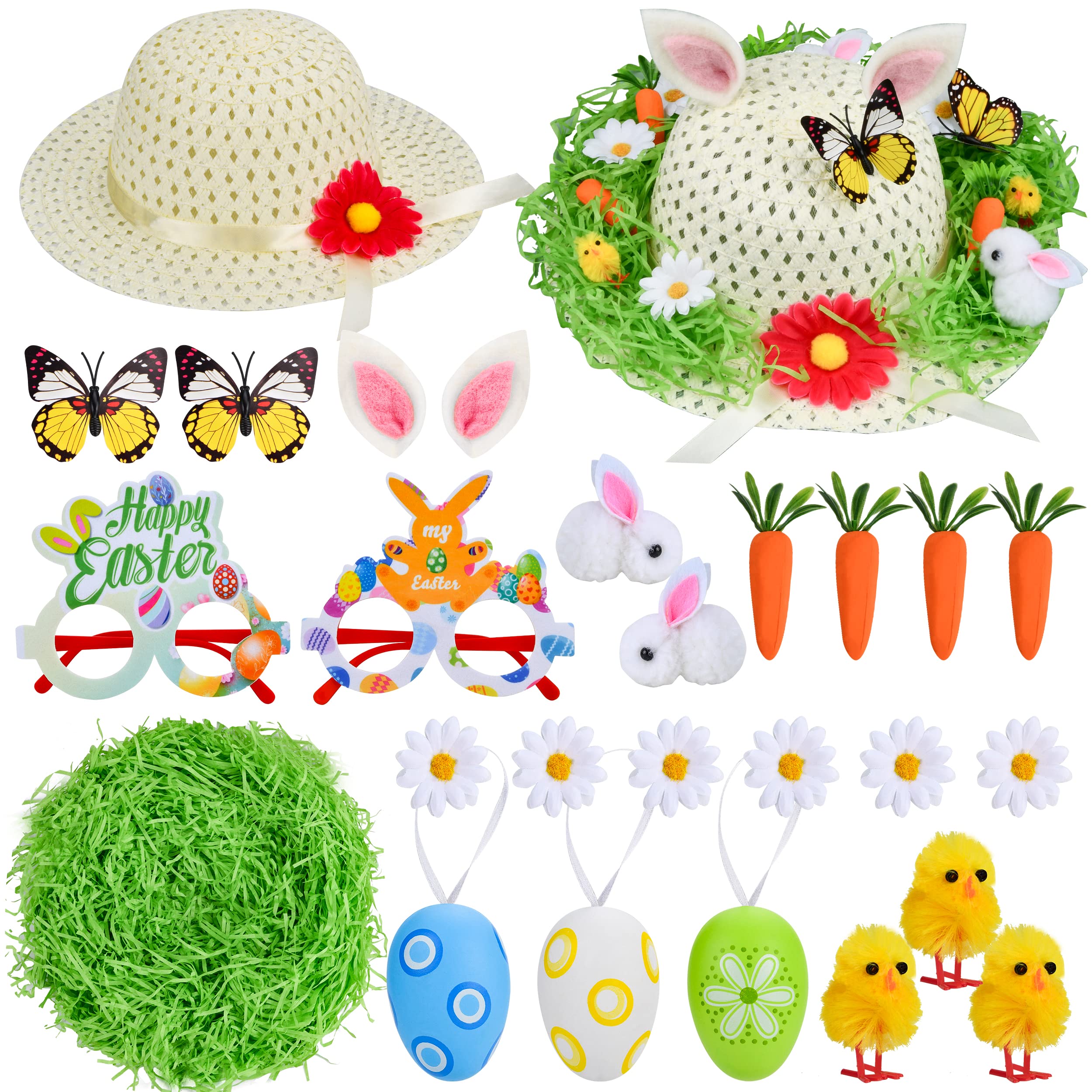 Abitoncc Easter Bonnet Decorations Kit Make Your Own Easter Bonnet Hat for Kids Easter Bonnet Hat Decorations Straw Hat Chicks Eggs Bunnies Carrots Grass Easter Bonnet Decorations Kit Girls