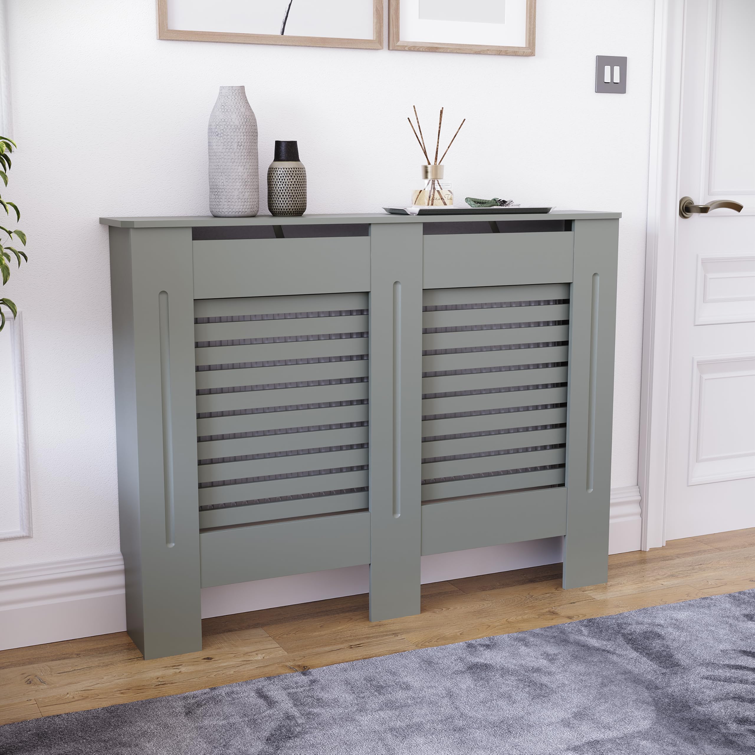 Vida Designs Milton Radiator Cover Olive Grey - Medium - Modern Horizontal Slat Design For Optimal Heat Circulation - H82xW111xD19cm - Painted MDF Cabinet Ideal For Living Room & Hallway